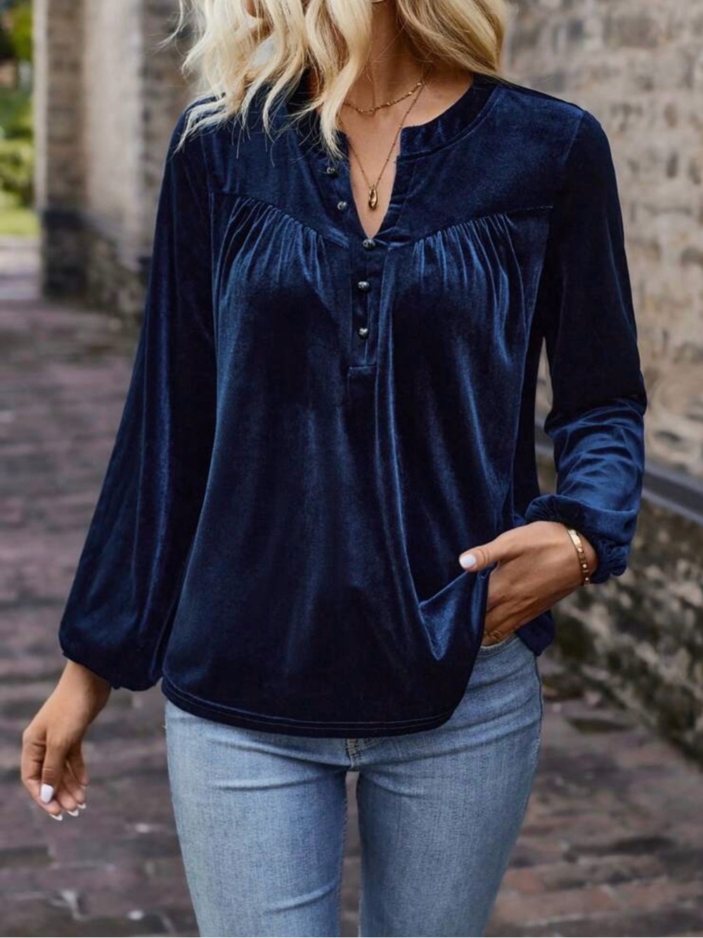 SHEIN Navy Velvet Long Sleeve Henley Blouse